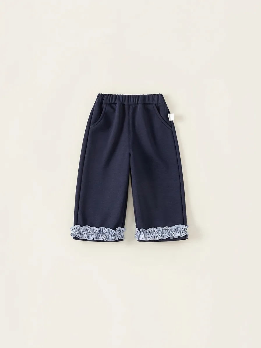 Girls Casual Navy Blue Cotton Blend Pants Comfortable Elastic Waist Trousers With Plaid Ruffle Hem For Spring Autumn