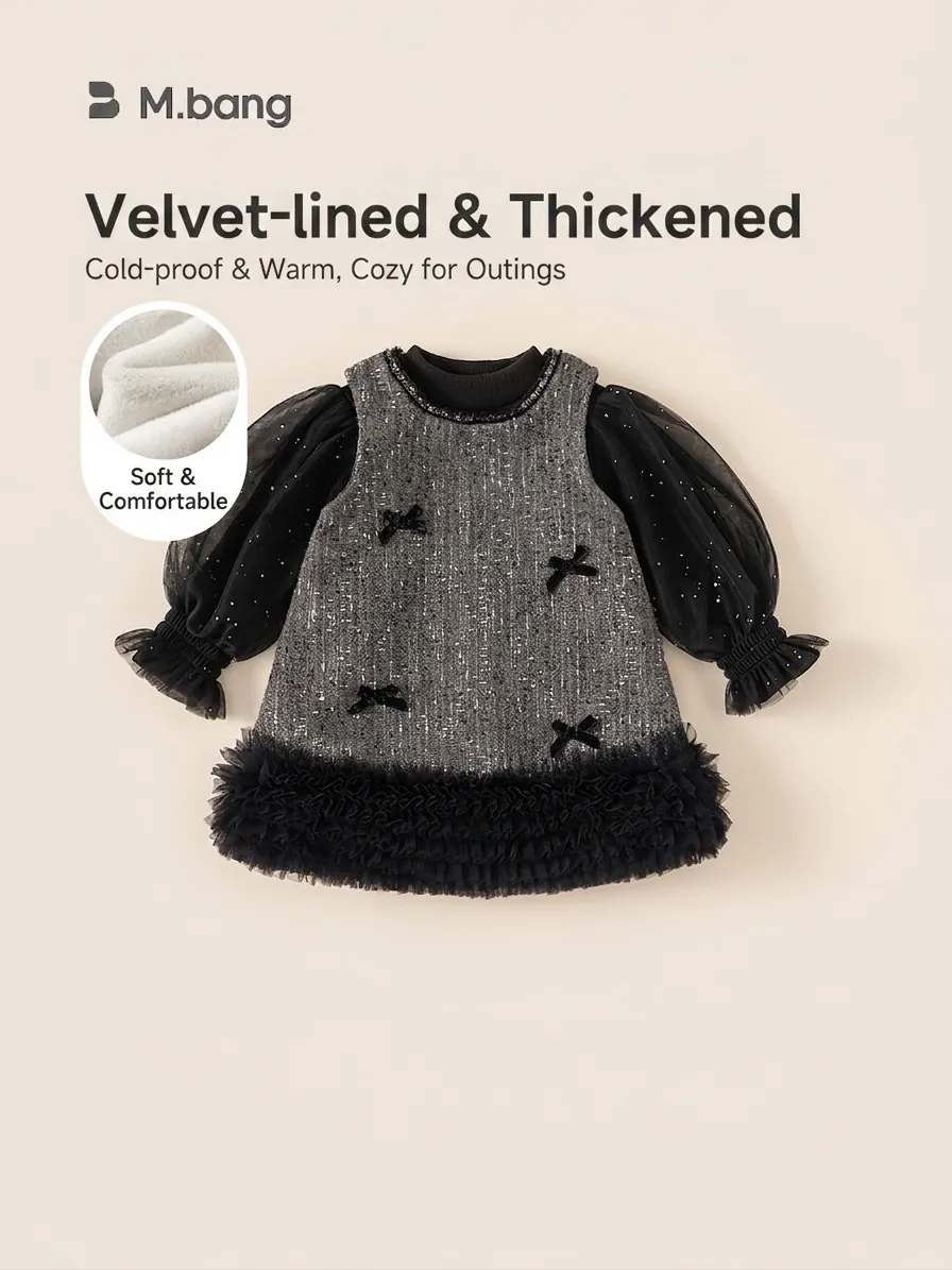 Elegant Girls Winter Tweed Dress Set Fleece Lined Mesh Sequin Sleeves Bowknot Patchwork Princess Party Tutu Dress