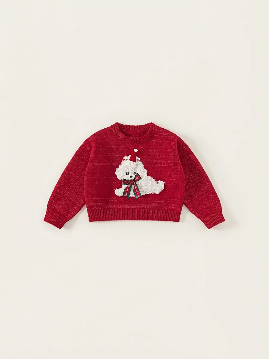 Girls Christmas Knit Sweater Red Polyester Cartoon Dog Long Sleeve Pullover Autumn Winter Warm Kids Clothing Top