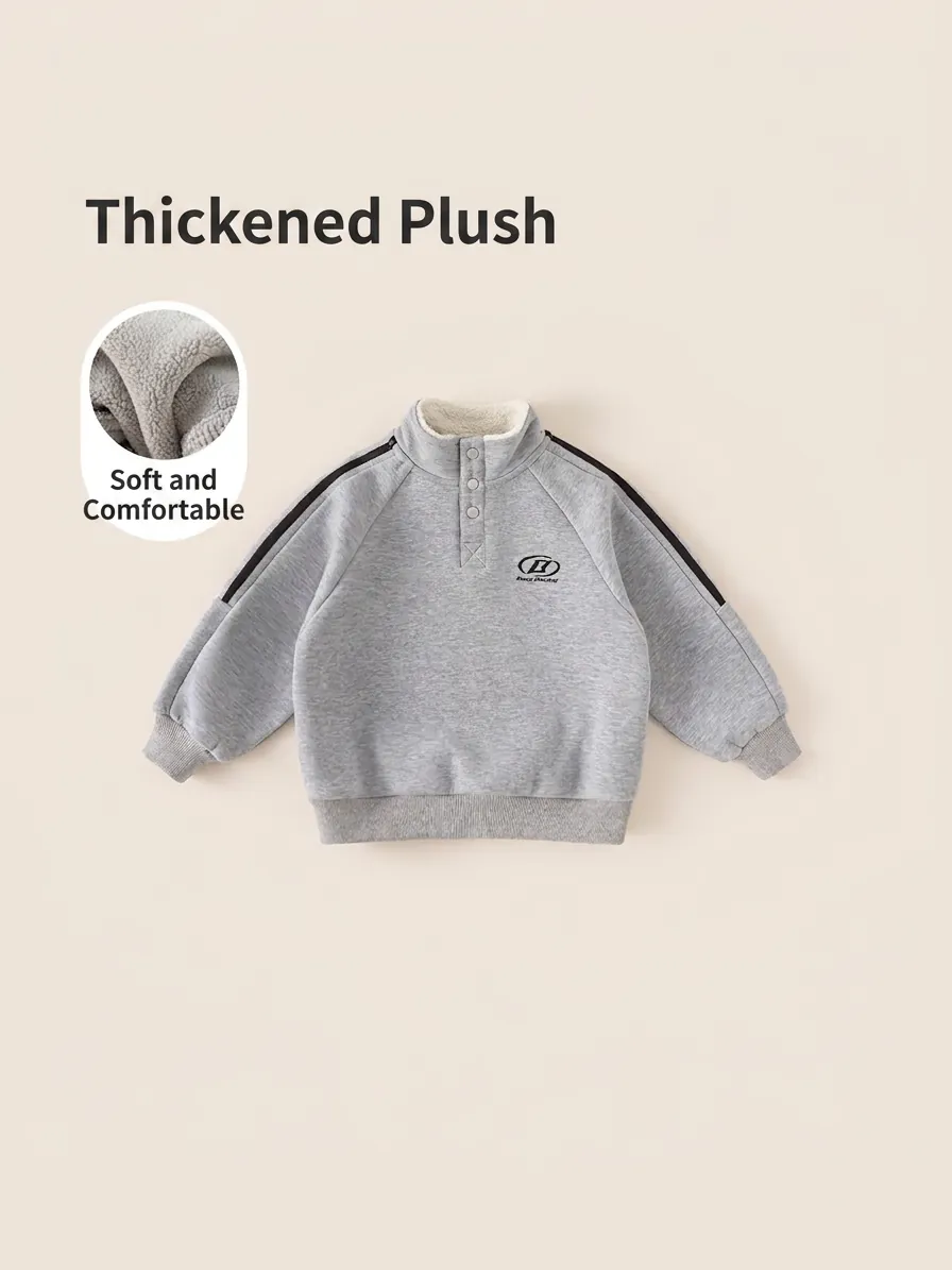 Boys Winter Warm Fleece Lined Sweatshirt Embroidered Stand Collar Long Sleeve Kids Pullover Top Striped Heather Grey