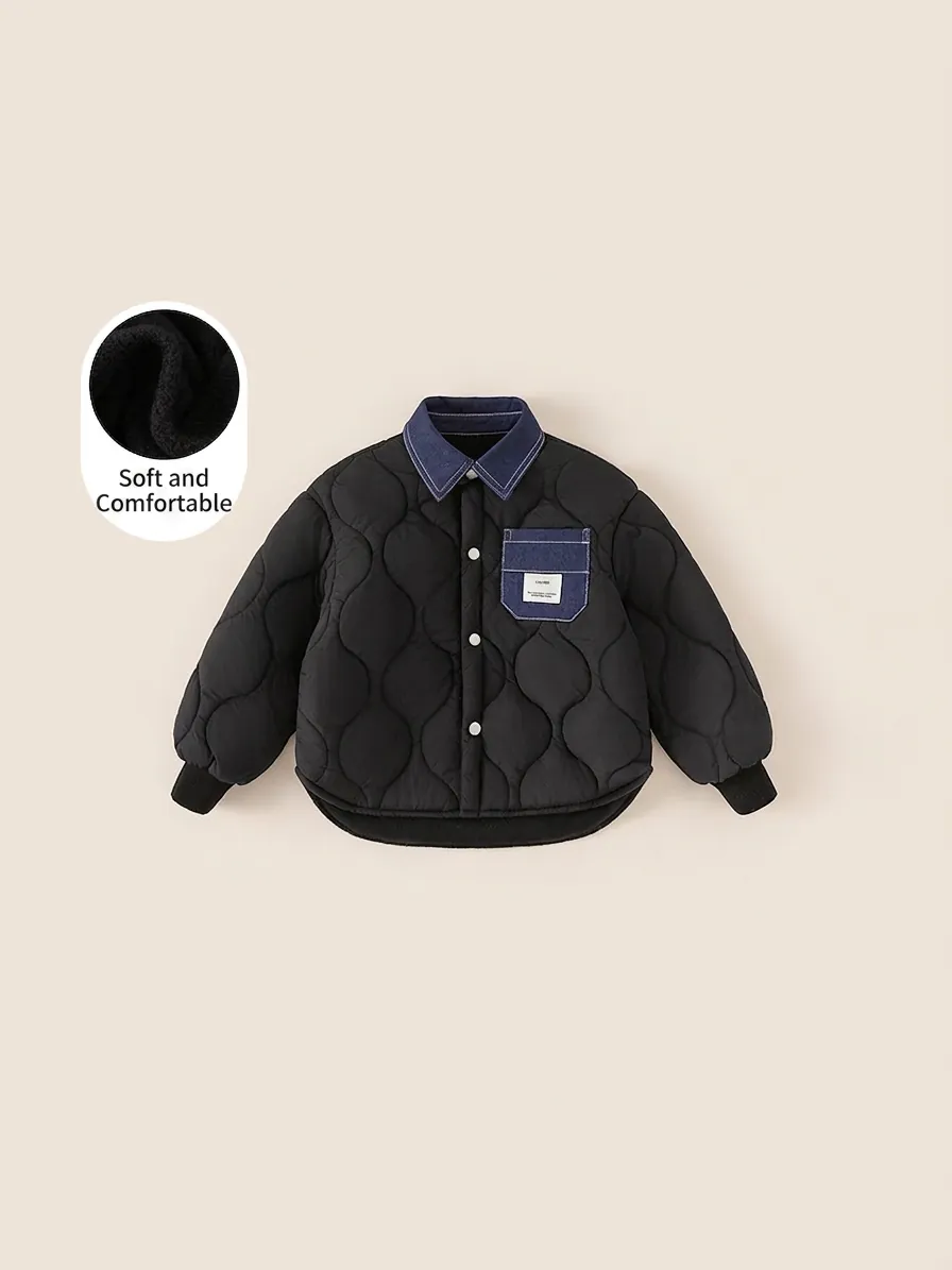 Boys Winter Fleece Lined Quilted Jacket Denim Patchwork Padded Coat Wavy Pattern Warm Thick Lapel Outerwear Kids Jacket