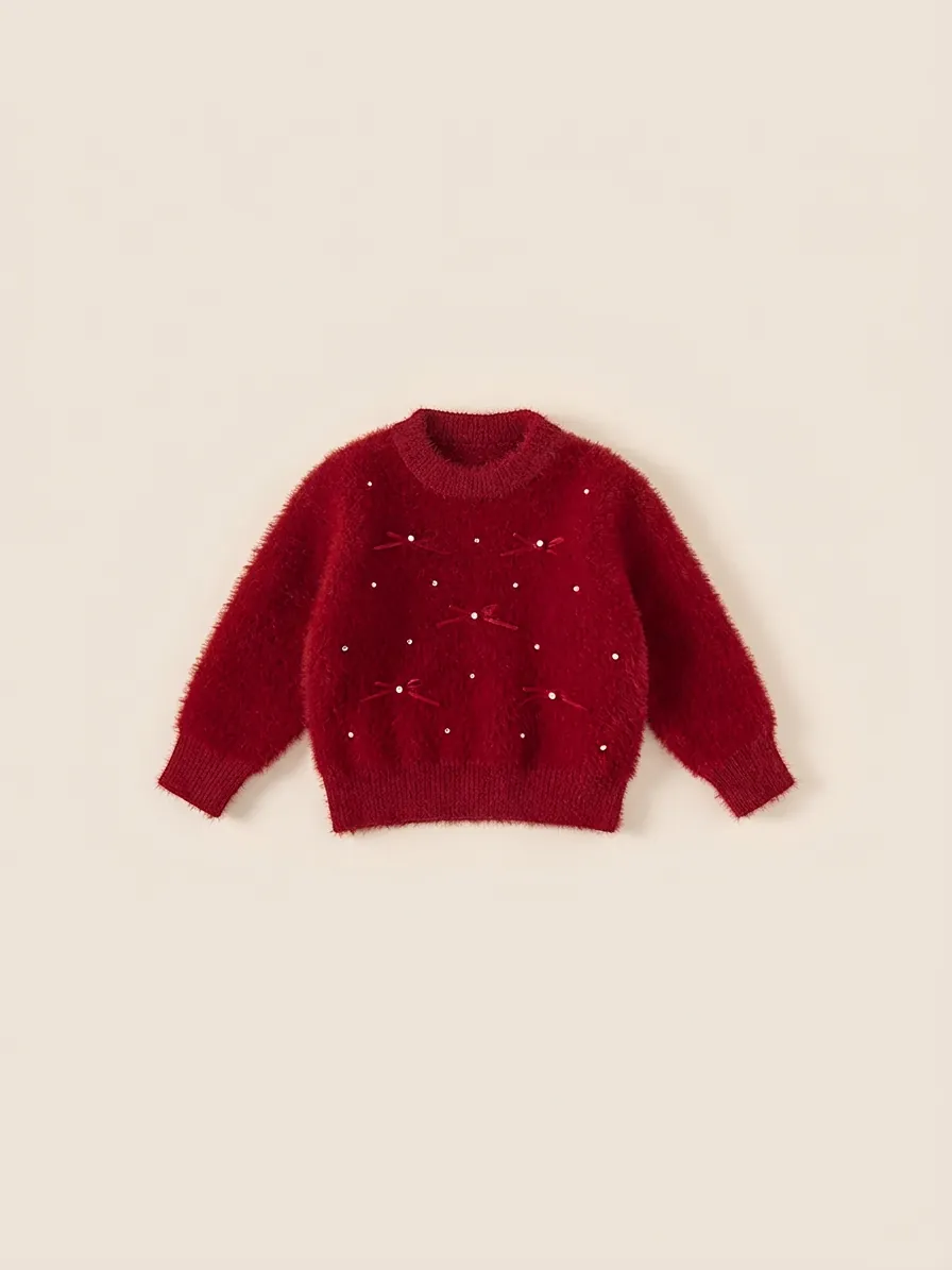 Girls Red Knit Sweater Faux Mink Fur Bow Artificial Pearl Beaded Pullover Winter Casual Toddler Kids Long Sleeve Top