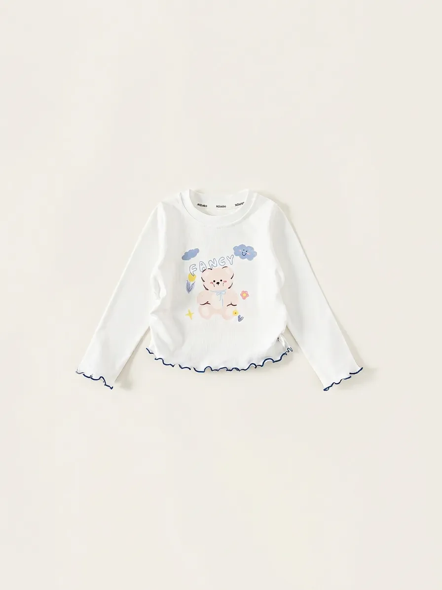 Sweet Girls Cotton Blend Long Sleeve T-Shirt Bear Printed Ruffle Trim White Base Layer Round Neck Kids Top Clothing