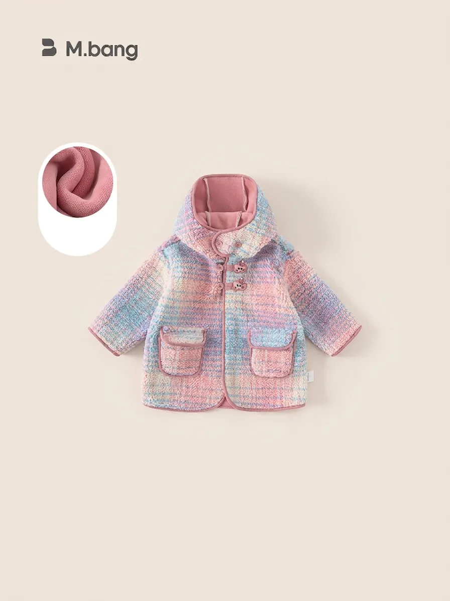 Sweet Girls Rainbow Plaid Fleece Jacket Hooded Thickened Warm Outerwear For Toddler Kids Korean Fashion Winter Coat