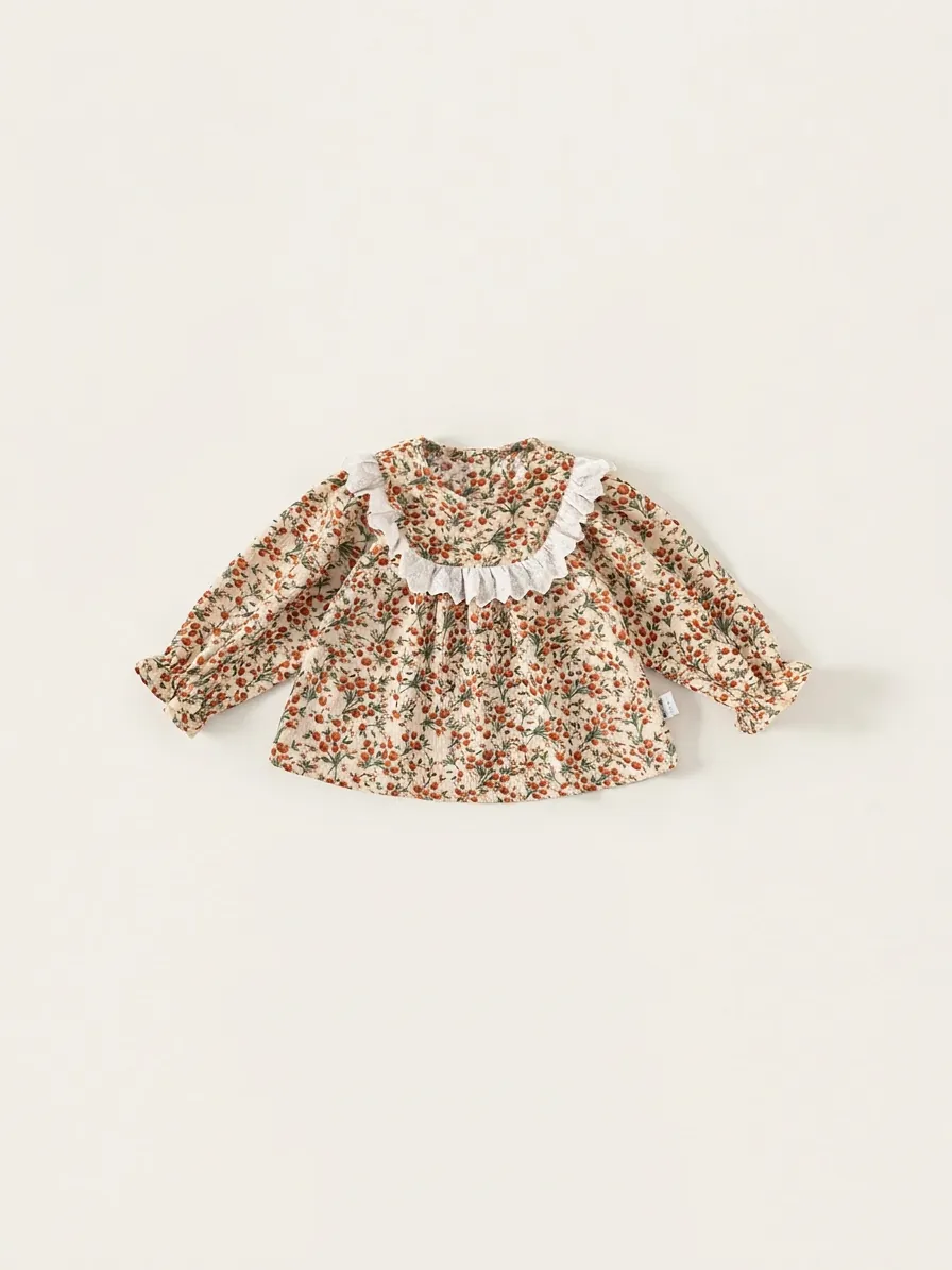 Chemisier Floral Vintage Pastoral pour Filles Bordure en Dentelle Manches Longues Poignets Volants Polyester Enfants Top Automne
