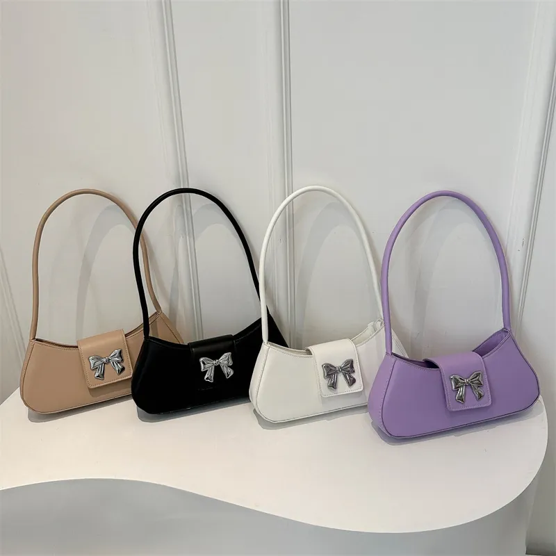 Sac Sous le Bras en Cuir PU Avec Nœud Français Pour Femmes Sac à Épaule Baguette Mode d'Été Sac à Bandoulière Petit Décontracté