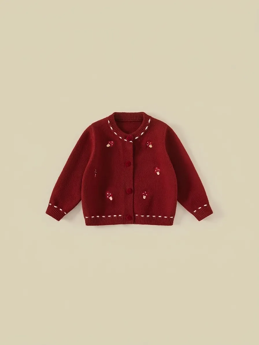 Girls Vintage Wine Red Knitted Cardigan Sweater Mushroom Embroidered Round Neck Warm Long Sleeve Button Knit Jacket Coat