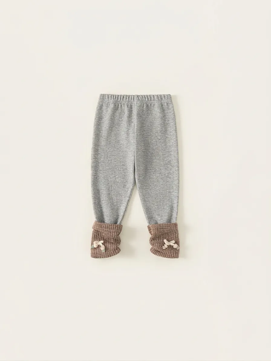 Toddler Girls Sweet Gray Leggings Soft Polyester Knit Pants With Bow Cherry Decor Ribbed Contrast Cuffs Casual Tights