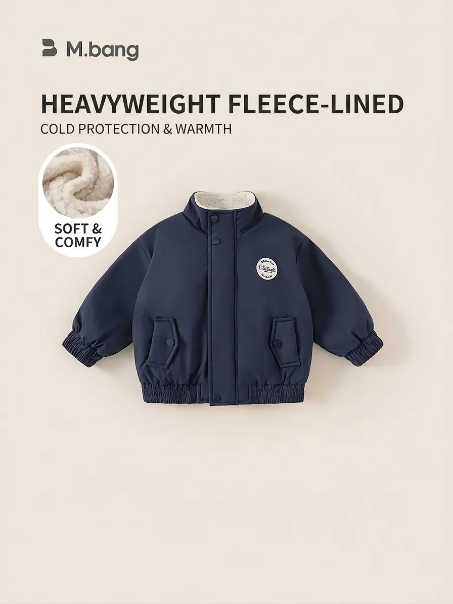 Kids Boys Winter Polyester Jacket Thickened Warm Fleece Lined Stand Collar Windproof Outerwear Vintage Letter Patch Coat