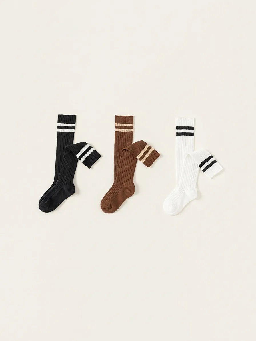 Kids Preppy Style Double Stripe Mid-Calf Socks Breathable Cotton Blend Ribbed Knit Long Socks For Girls Toddlers