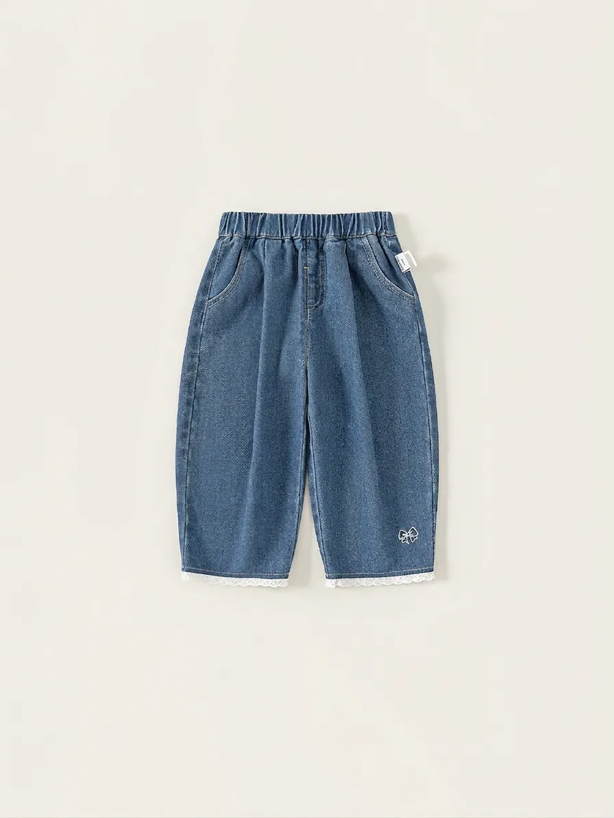 Jeans in Denim per Ragazze Con Ricamo a Fiocco e Bordo in Pizzo Dolce Vita Elastica Gamba Dritta Pantaloni Casual Bambini Cotone