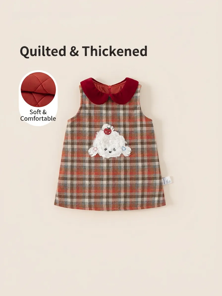 Girls Winter Retro Plaid Padded Dress With Red Velvet Peter Pan Collar Cute Cartoon Dog Embroidery Sleeveless A-Line Warm Dress