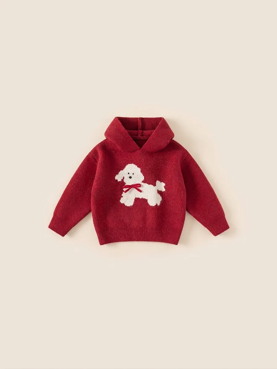 Maglione in Maglia con Cappuccio a Forma di Cucciolo per Ragazze Caldo Maglione in Acrilico a Maniche Lunghe con Fiocco 3D