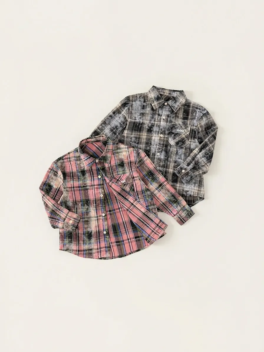 Boys Retro Plaid Shirt Distressed Bleached Long Sleeve Lapel Top With Pocket Embroidery Casual Children Polyester Clothing