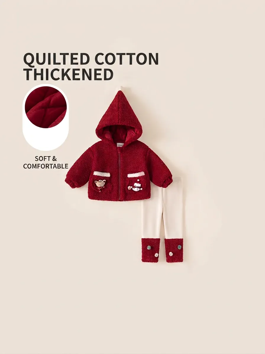 Toddler Girls Winter Warm Quilted Hooded Jacket and Leggings Set Red White Cartoon Bear Snowman Christmas Outfit