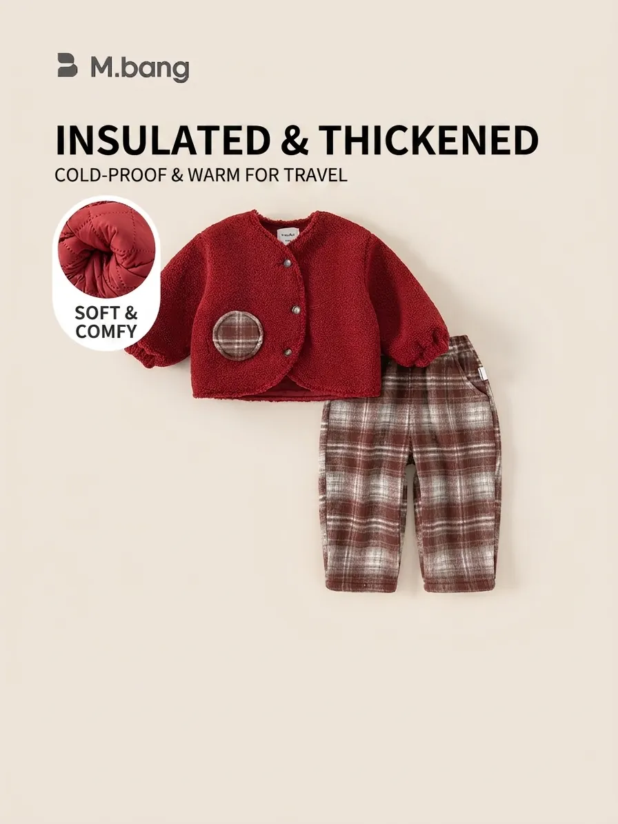 Toddler Boys Girls Winter Warm Fleece Jacket And Plaid Pants Thickened Padded Red Outfit Long Sleeve Clothing Clothes