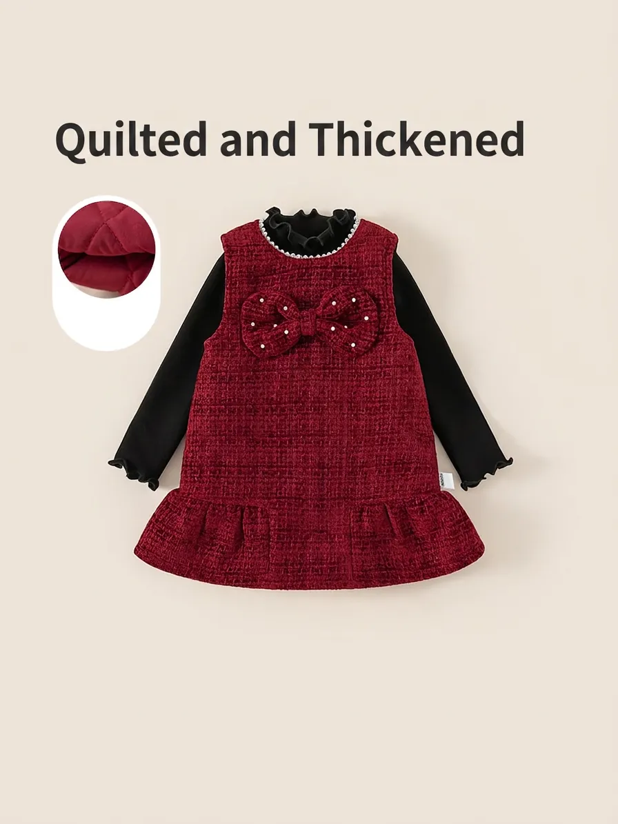 Girls Tweed Pinafore Dress And Long Sleeve Knit Top Bow Knot Artificial Pearl Decor Thick Padded Winter Elegant
