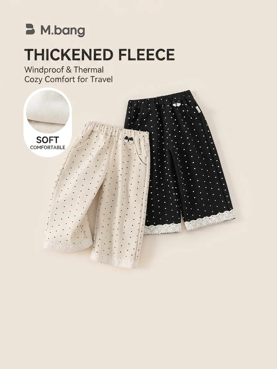 Toddler Girls Polka Dot Wide Leg Pants Winter Fleece Lined Thickened Casual Trousers With Bowknot Lace Trim Kids Clothing