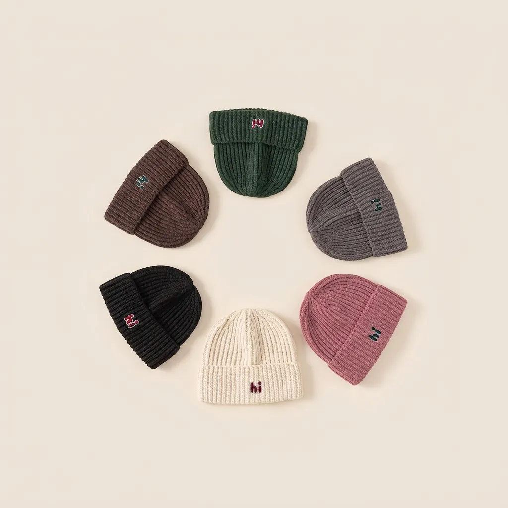 Kids Winter Warm Knitted Beanie Hat Letter Hi Embroidery Ribbed Cuff Skull Cap For Boys Girls Daily Outdoor Fashion Hat