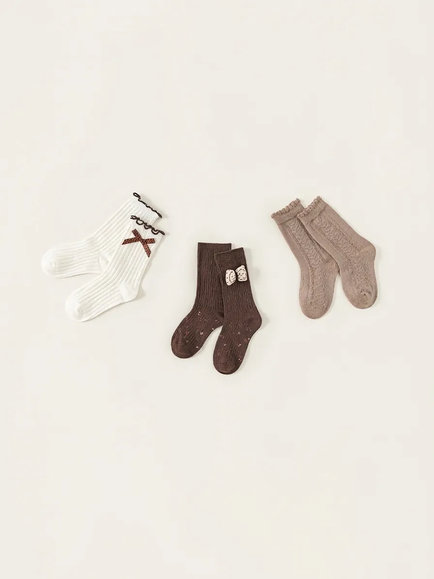 Kids Girls Ribbed Crew Socks With Bowknot Detail Cotton Breathable Soft Autumn Spring Hosiery Daily Wear Casual Socks
