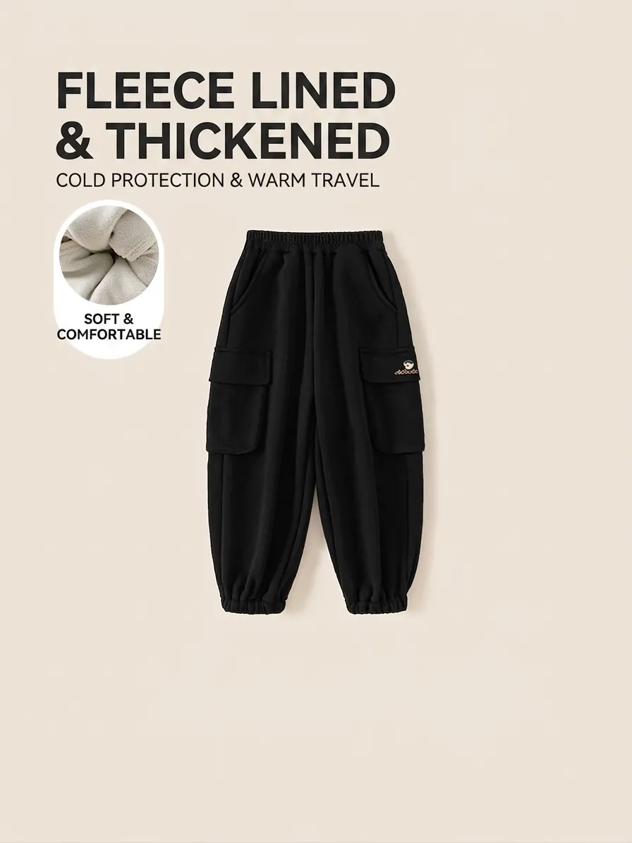 Boys Fleece Lined Cargo Joggers Winter Warm Cotton Sweatpants For Kids Black Ribbed Cuffs Elastic Waist Casual Sport Pants