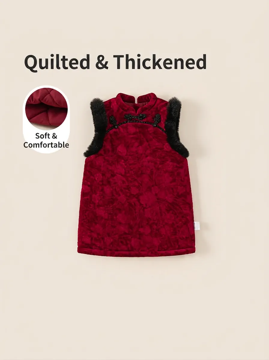 Mädchen Chinesischer Stil Gestepptes Samtkleid Winter Verdicktes Qipao Mit Kunstfellbesatz Und Froschknöpfen Traditionelles Kleid