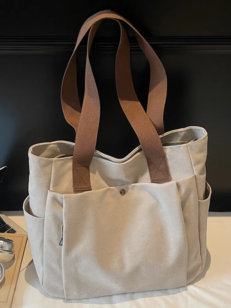 Sac Fourre-Tout en Toile Grande Capacité pour Femmes Couleur Unie Décontracté Sac à Main Épaule pour Trajet Travail Mode Sac Sous le Bras