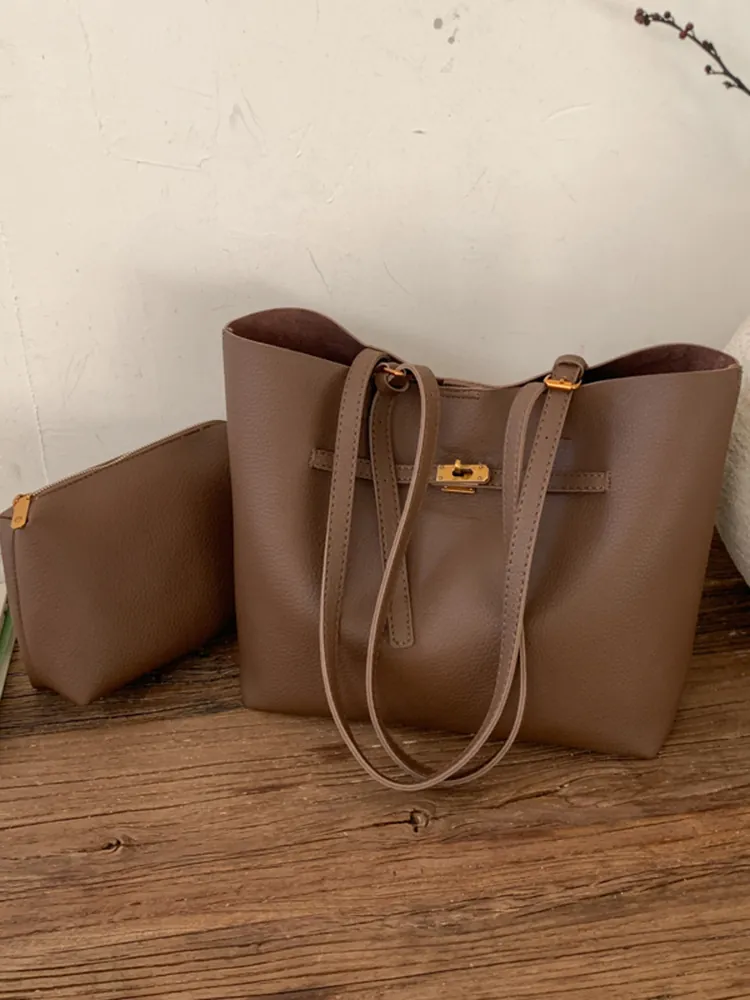 Large Capacity PU Leather Tote Bag For Women Vintage Minimalist Commuter Shoulder Handbag With Metal Lock Decorative Pouch