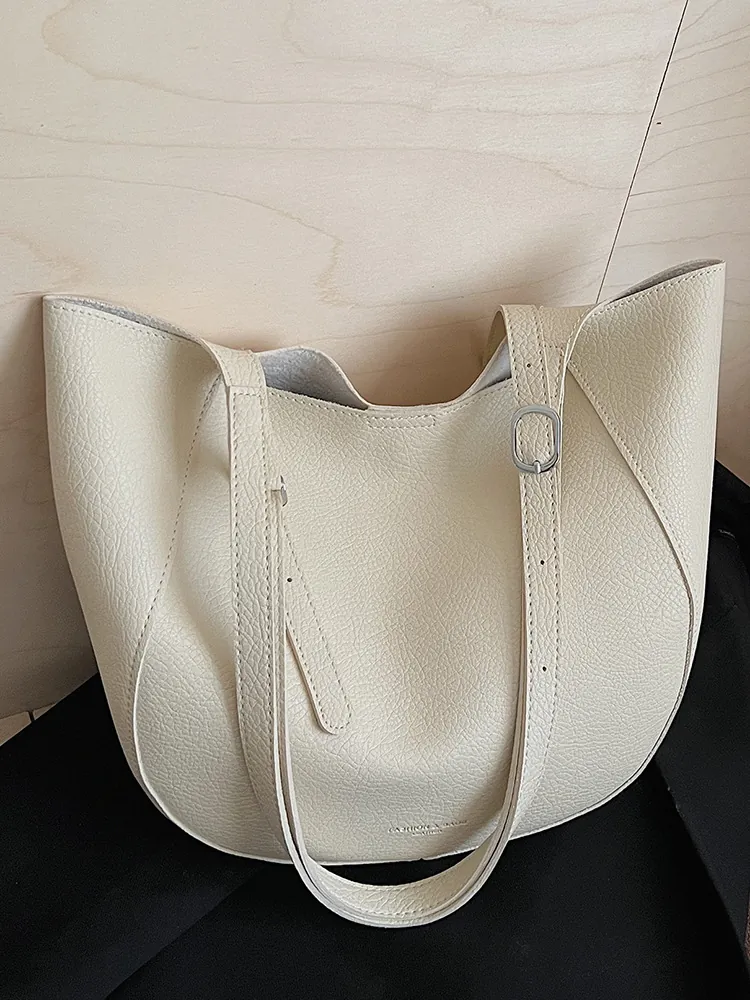 Large Capacity PU Leather Tote Bag Pebbled Texture Adjustable Shoulder Strap Minimalist Korean Style Daily Commuter Bag