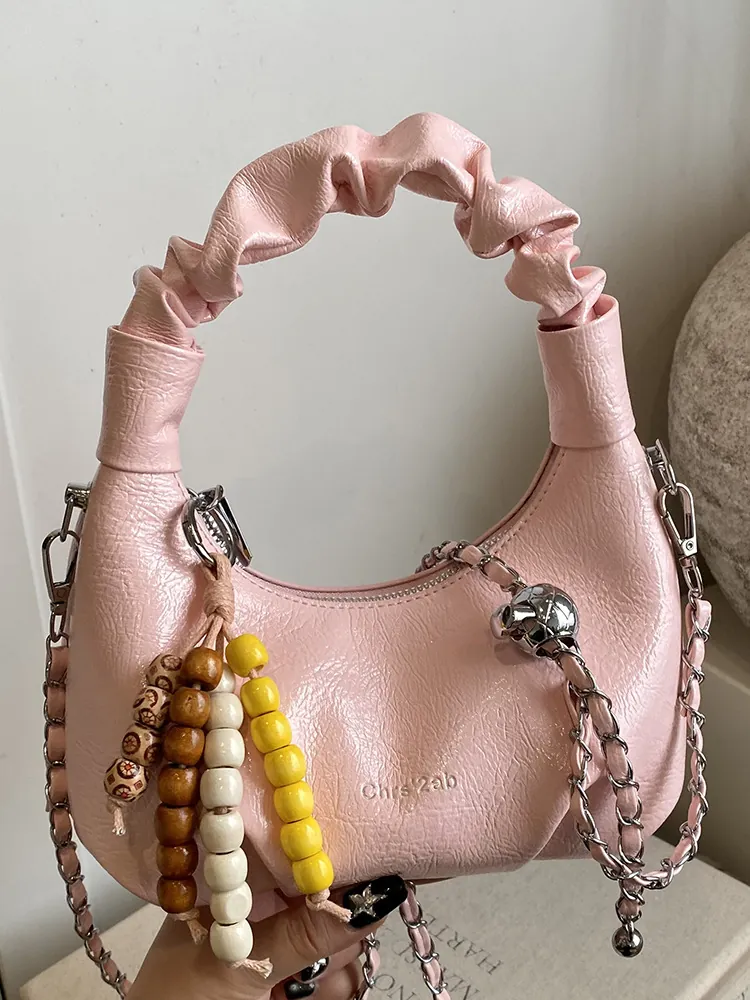 Women Ruched Glossy PU Leather Hobo Bag With Chain Strap Beaded Charm Handbag Crossbody Shoulder Bag For Daily Work Fashion