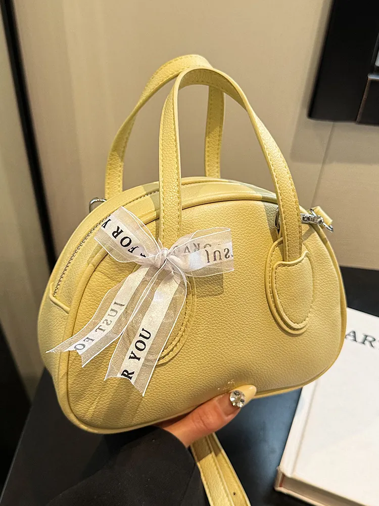 Minimalist Lychee Texture PU Leather Crossbody Bag For Women Decorative Ribbon Bow Handbag Small Boston Bowling Bag Casual Satchel