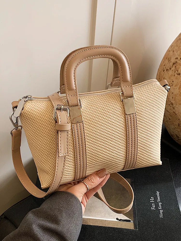 Women Weaving Texture PU Leather Crossbody Bag Fashion Minimalist Boston Handbag For Daily Commute Casual Shoulder Bag Square Bag
