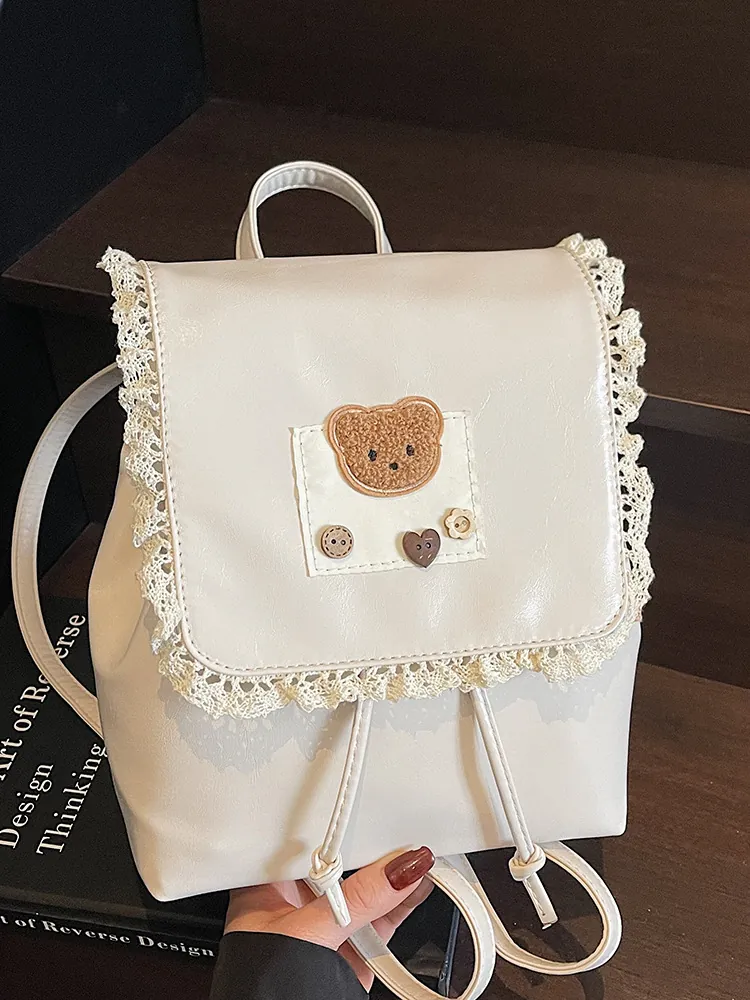 Sweet PU Leather Mini Backpack For Women Cute Bear Lace Edge Preppy Style School Rucksack Casual Travel Bag Small Daypack