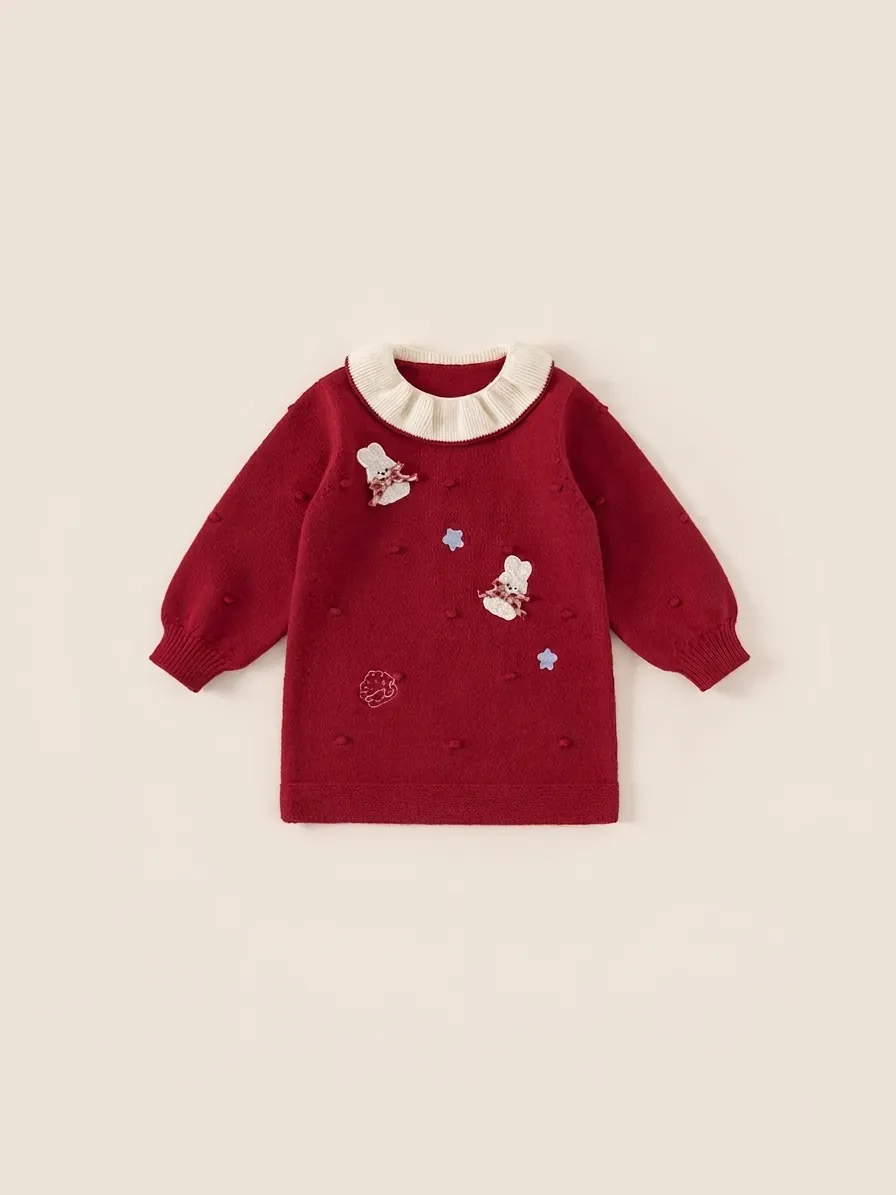 Girls Sweet Knitted Dress With Ruffle Collar Cartoon Rabbit Embroidery Long Sleeve Winter Red Sweater Skirt For Kids