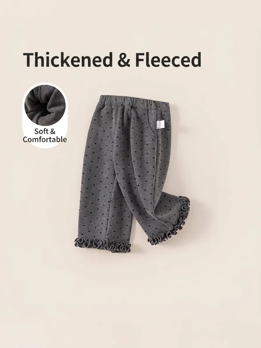 Pantalon Large Doublé Polaire Imprimé Cœur pour Fille Hiver Doux Décontracté Chaud avec Bordure en Dentelle Enfant