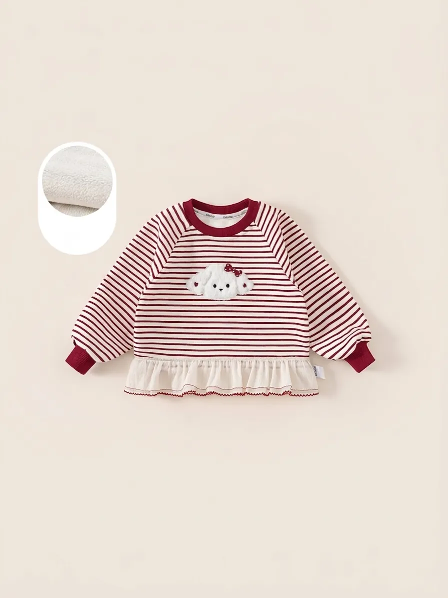 Girls Sweet Red White Striped Fleece Sweatshirt With Cute Puppy Patch Bowknot Ruffle Hem Long Sleeve Winter Kids Pullover