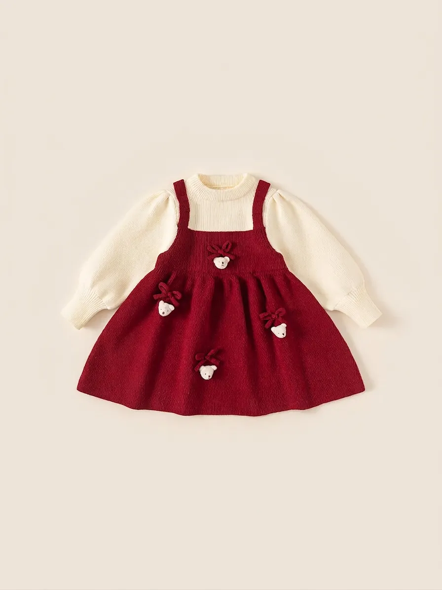 Girls Sweet Acrylic Knit Faux Two Piece Dress Red Off White Patchwork Cartoon Bear Bowknot Winter Warm Princess Dress