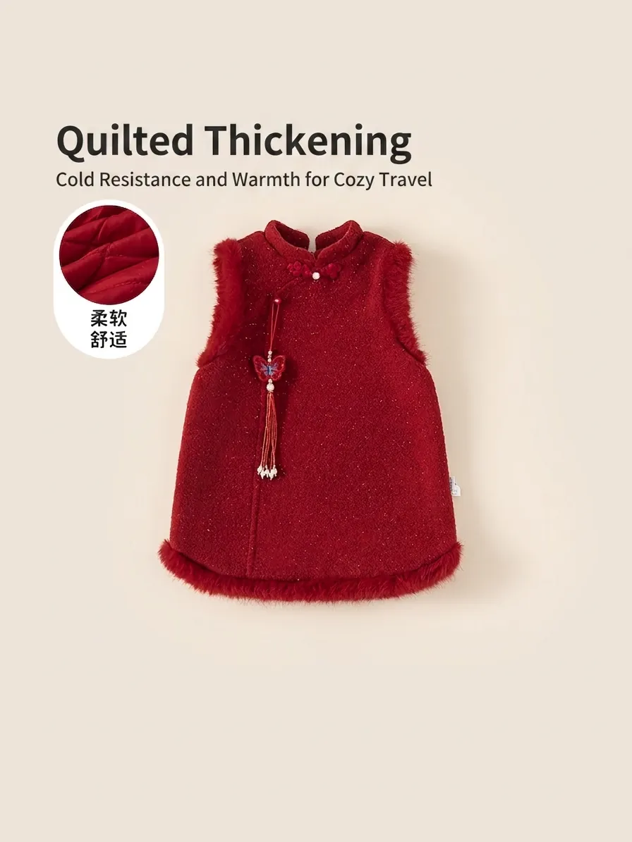 Robe de Nouvel An Chinois Traditionnel pour Filles Matelassée Épaisse Gilet Qipao Avec Bordure en Fausse Fourrure Gland