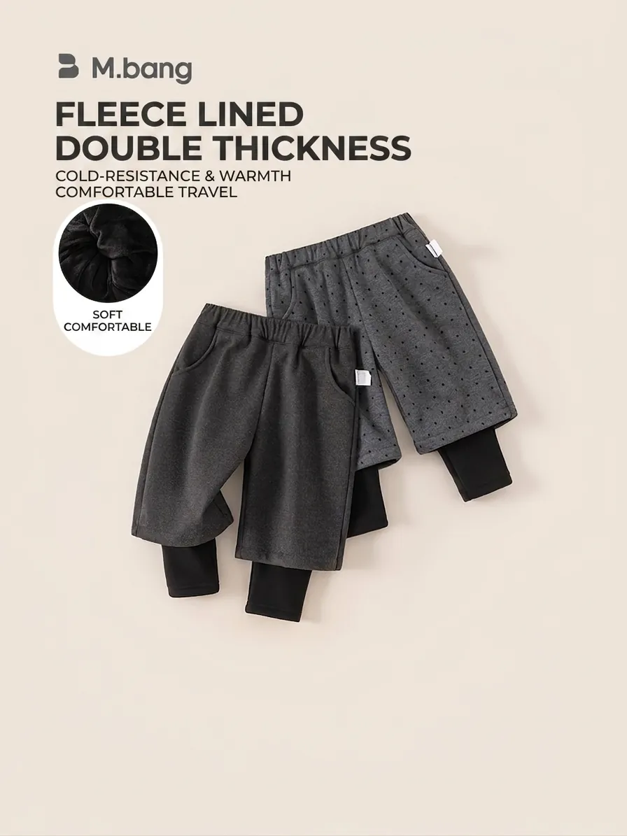 Girls Winter Fleece Lined Pants Thickened Fake Two Piece Wide Leg Trousers Gray Polka Dot Thermal Long Pants For Kids
