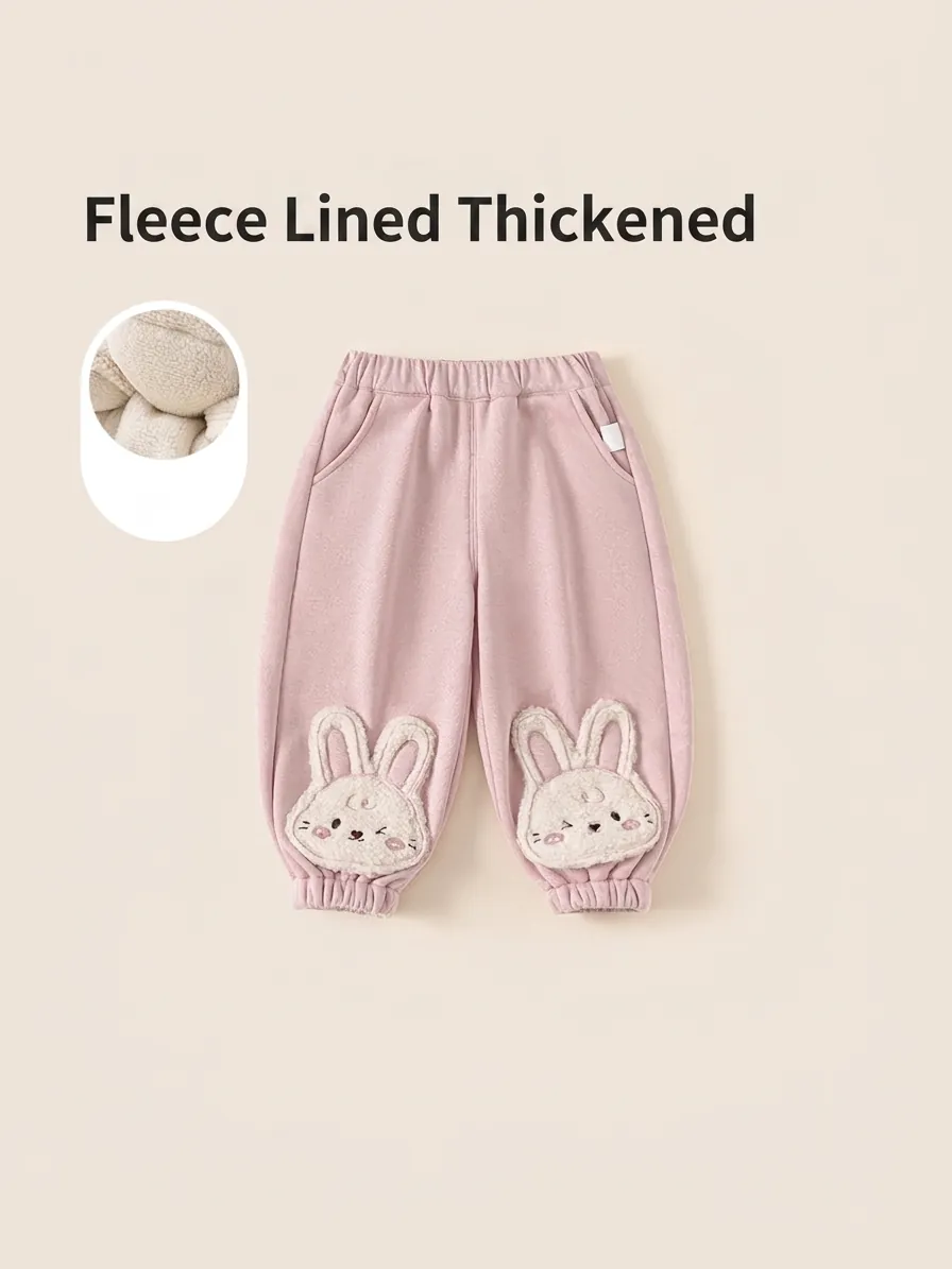 Girls Winter Fleece Lined Pants Cute Cartoon Rabbit Embroidery Warm Trousers Elastic Waist Soft Cotton Joggers For Kids