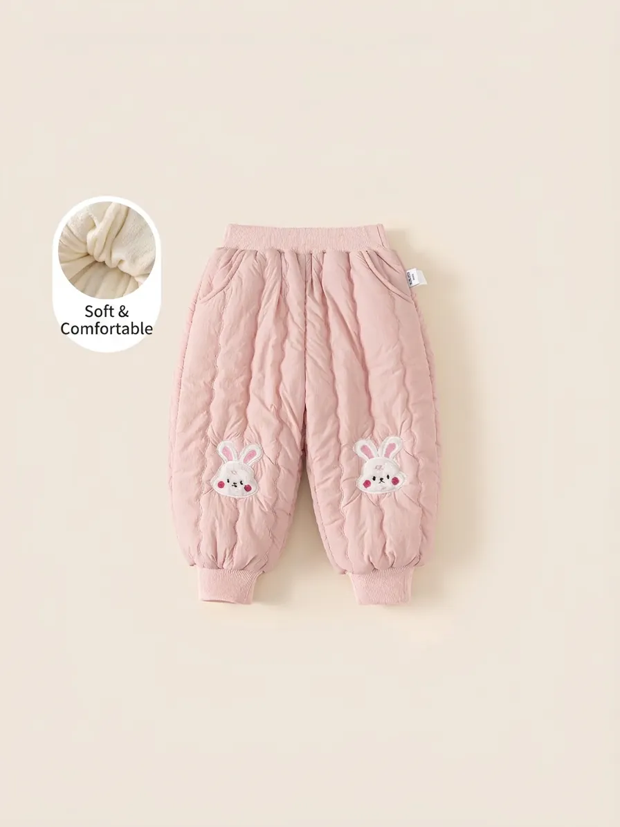Filles Hiver Matelassé Pantalon Doublé de Polaire Mignon Lapin Broderie Rose Jogger Pantalon Rembourré Enfants Froid
