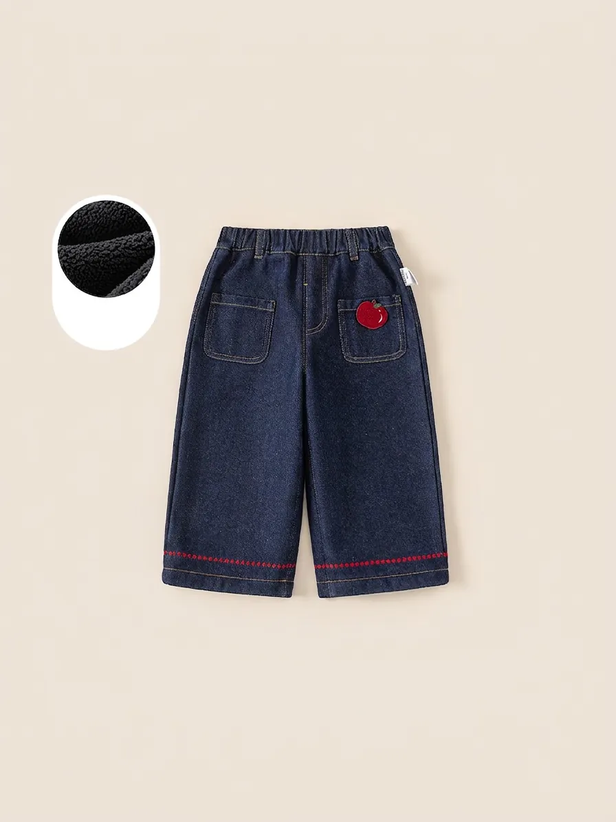 Girls Winter Fleece Lined Denim Jeans Thickened Straight Leg Warm Pants Children Elastic Waist Solid Color Casual Trousers
