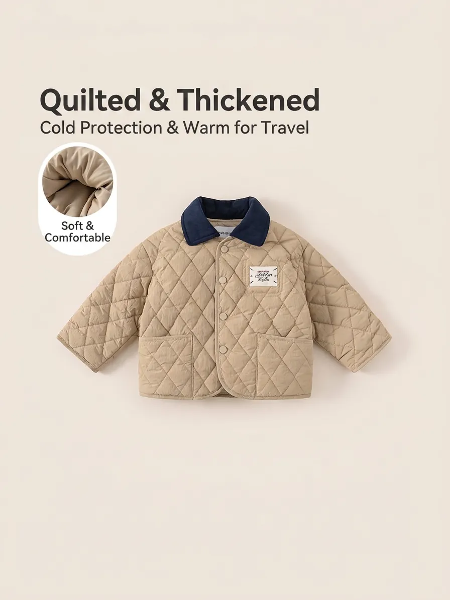 Children's Quilted Jacket Polyester Thickened Warm Cotton Padded Coat Contrast Lapel Collar Casual Outerwear For Kids Boys Girls