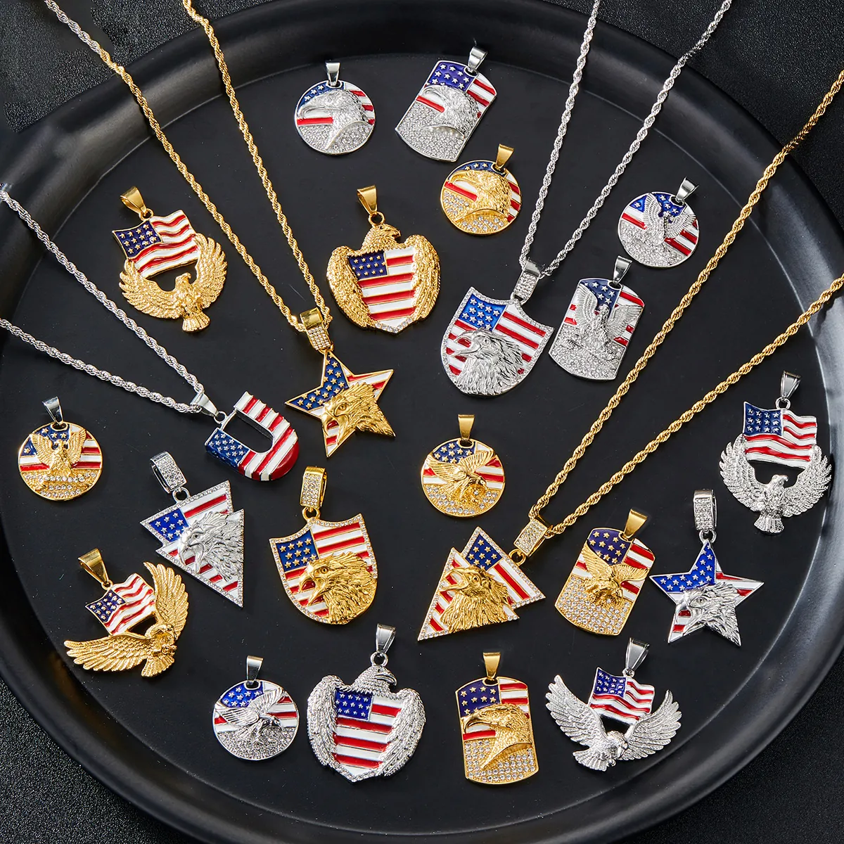 Collier Pendentif Hip Hop Pour Hommes Alliage Strass Émail Drapeau Américain Aigle Chauve Bijoux Patriotes