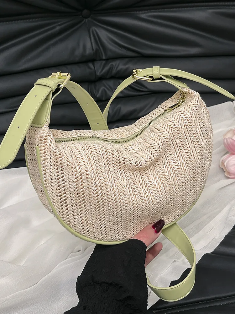 Women Summer Straw Woven Crossbody Bag Casual Half Moon Shoulder Bag With Contrast Color Leather Trim Zipper Travel Handbag