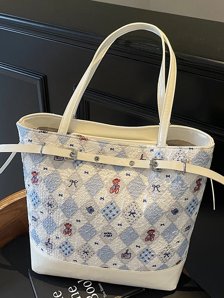 Borsa Tote da Donna con Stampa a Cartone Animato Orso e Foca Grande Capacità Borsa a Spalla in Pelle PU e Tessuto per Pendolarismo