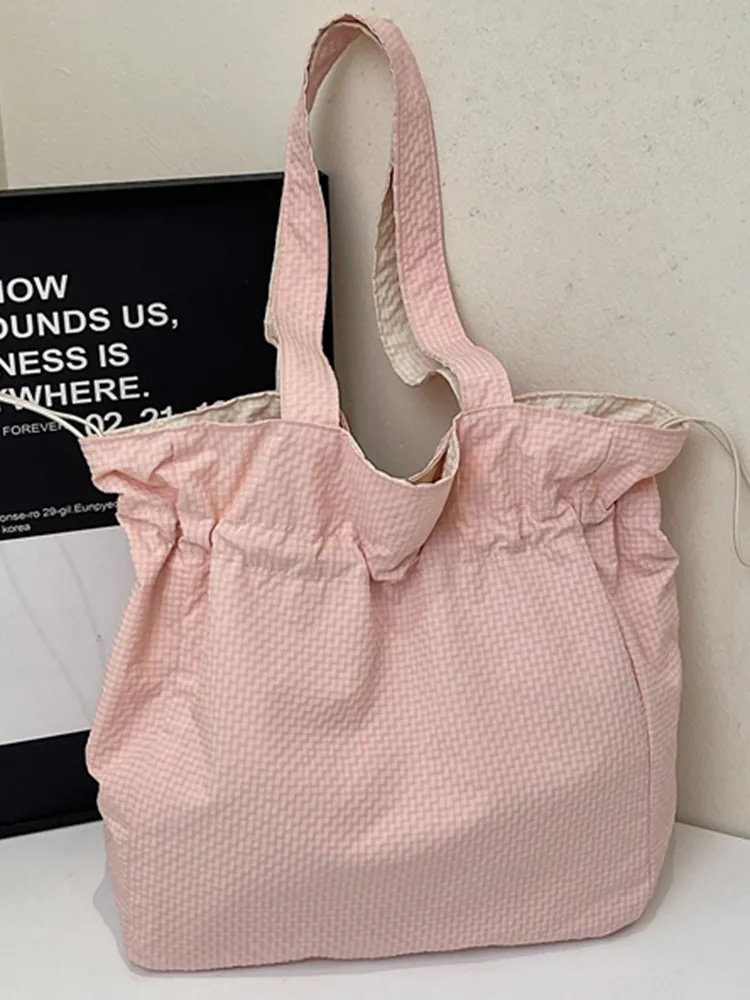 Borsa Tote in Nylon da Donna Grande Capacità Chiusura a Coulisse Texture Seersucker Fodera a Contrasto per Studenti