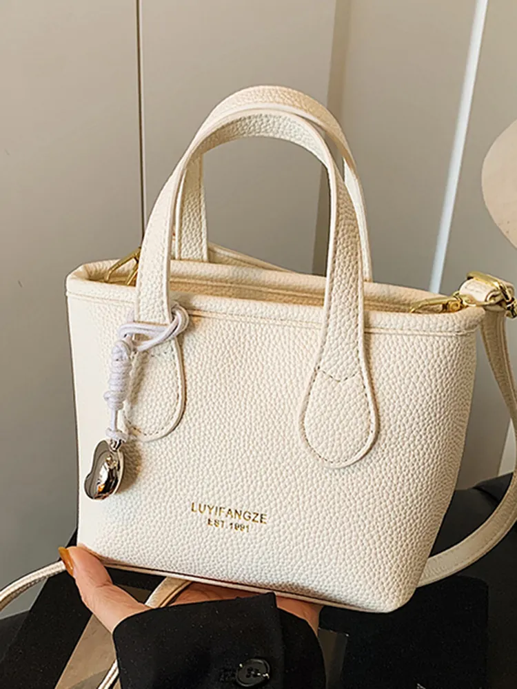 Women Urban Simple PU Leather Lychee Pattern Bucket Bag Fashion Handheld Shoulder Crossbody Bag With Metal Pendant