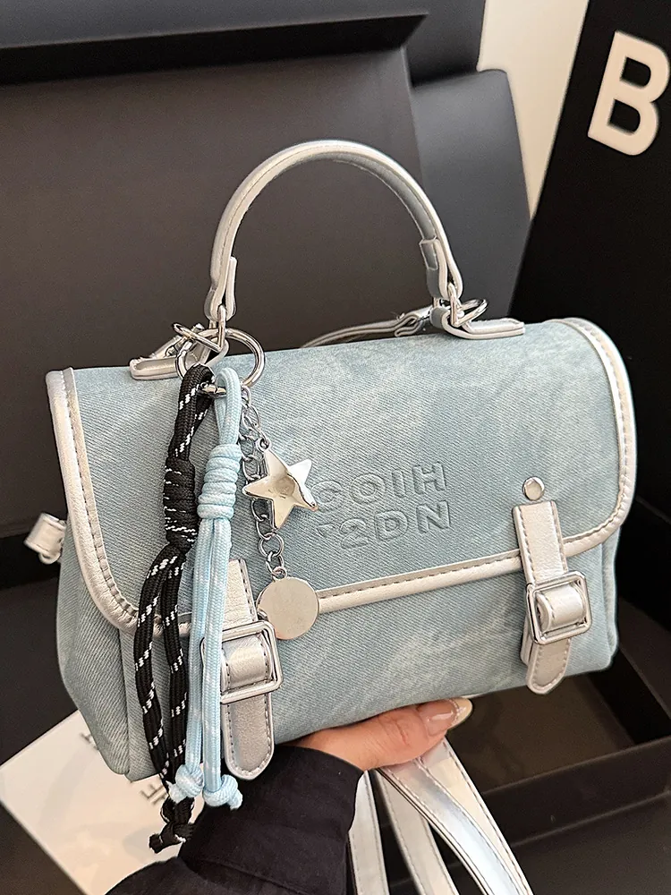 Niche Academy Denim Satchel Backpack For Women 2025 Summer New Fashion Contrast Color Handbag Commuting School Storage Bag
