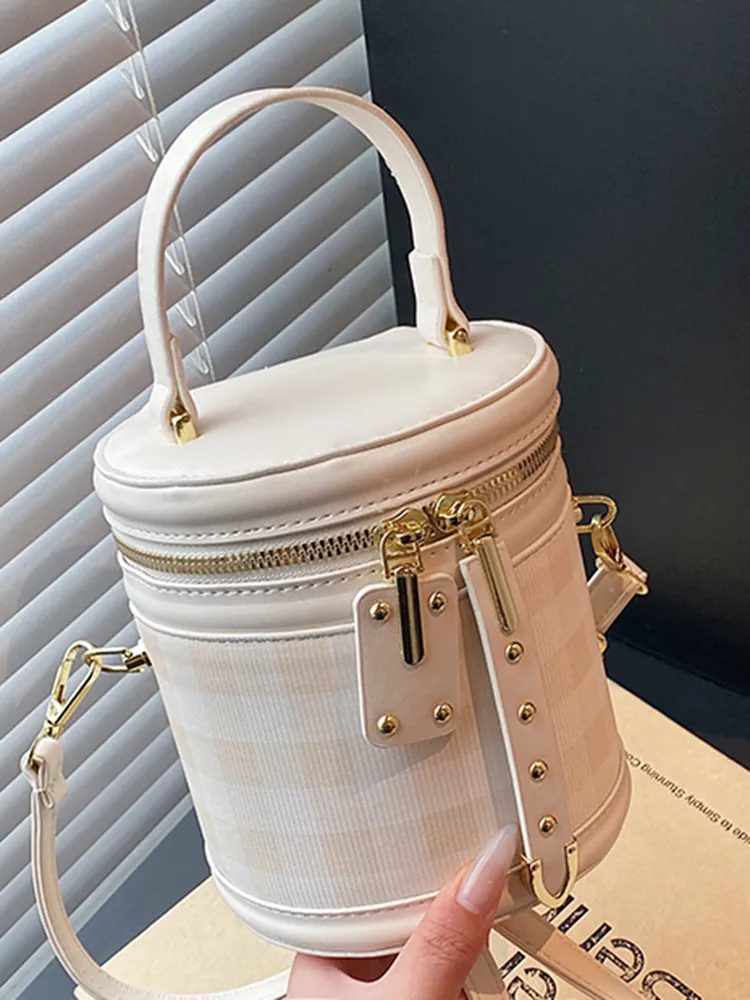 Fashion Women Plaid Checkerboard Cylindrical Bucket Bag PU Leather Handbag Rivet Zipper Shoulder Bag Casual Crossbody Bag